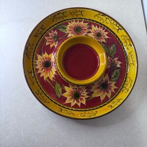 Pier 1 Red Yellow Sunflower Chips Salaa Dip Crudite Dish Hand Painted Terracotta